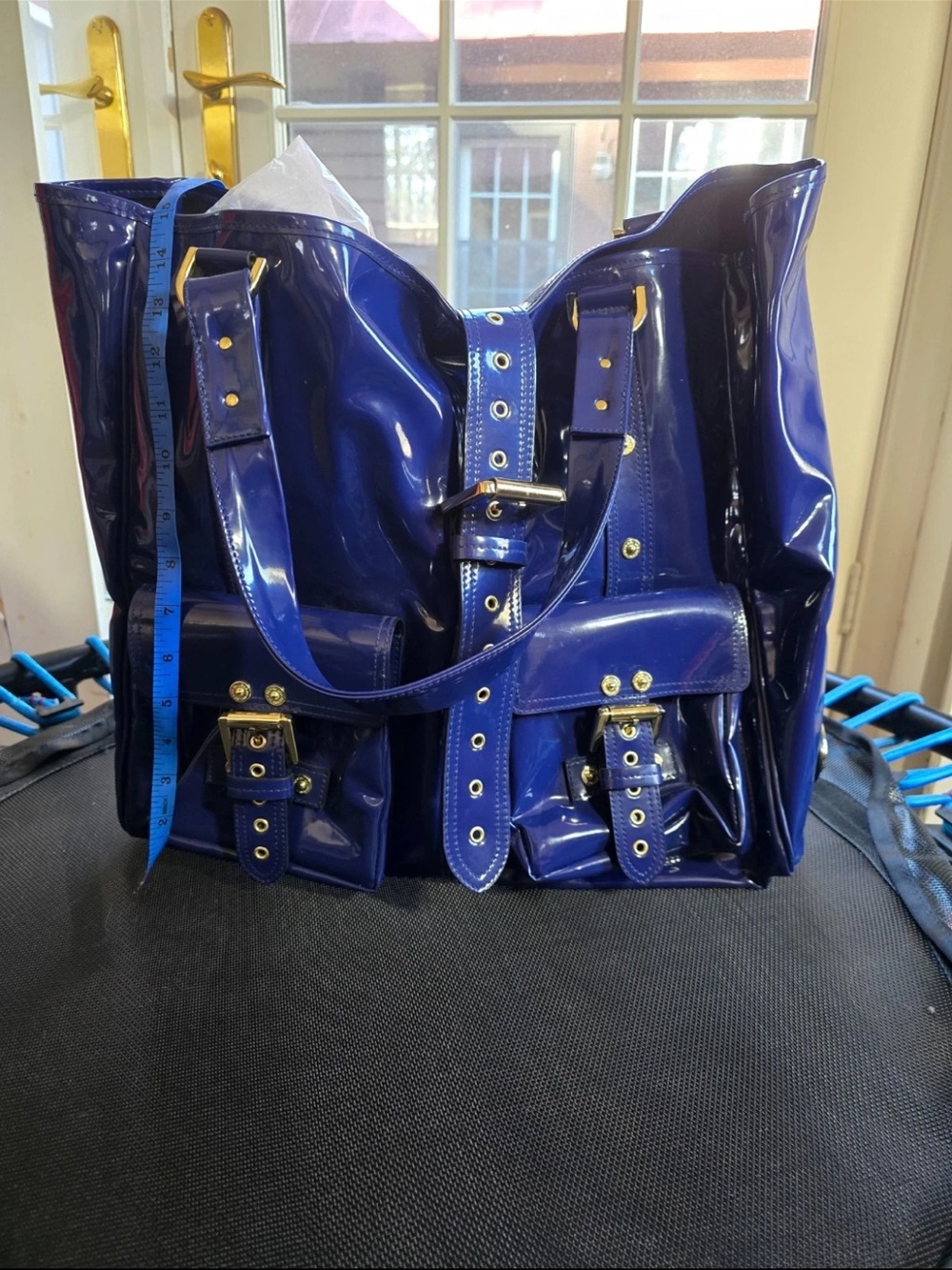 Mulberry Blue Patent Leather Tote with Buckle Accents